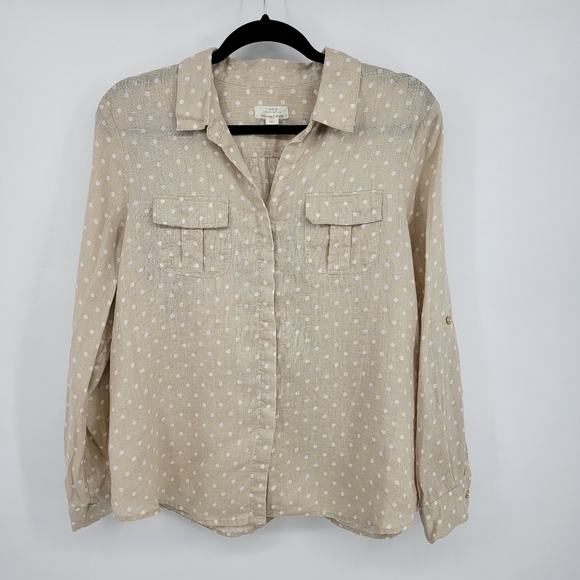 Charter Club 100% Linen Cream Color  White Polka  Dot Button Up Blouse - Picture 9 of 14
